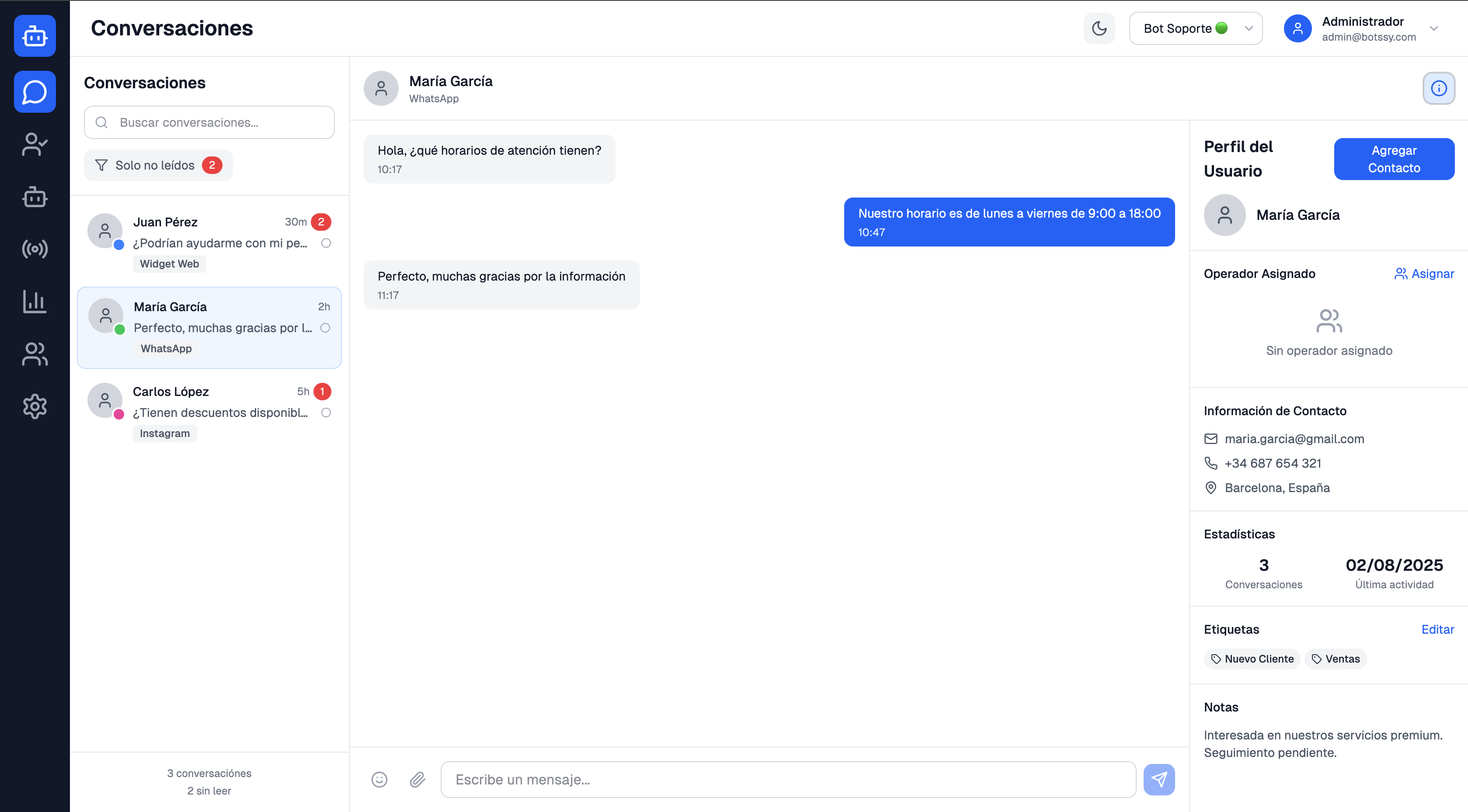 CRM Dashboard de Botssy - Gestión de conversaciones multicanal