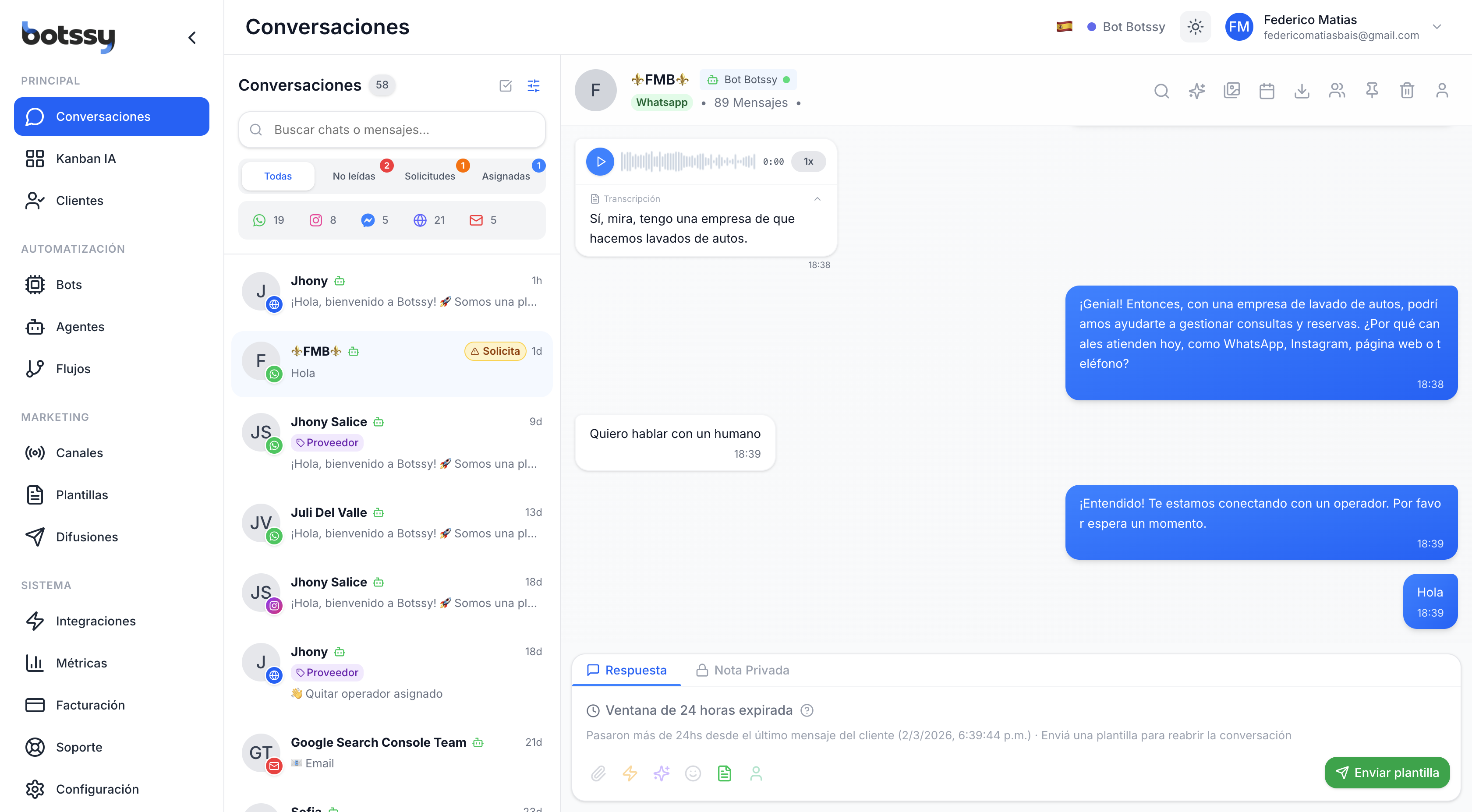 Dashboard de Botssy - Plataforma de chatbots IA